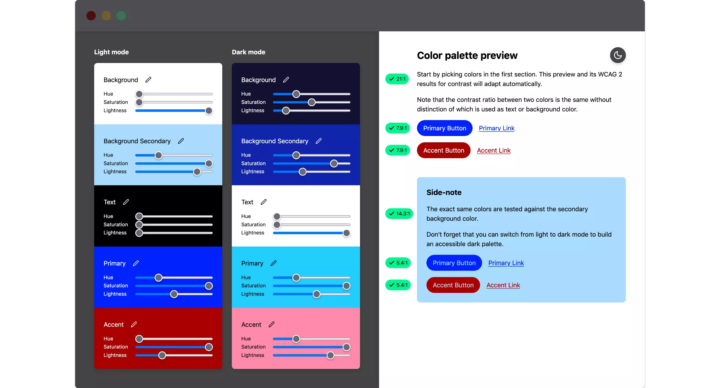 Preview of the color contrast page: the settings to be tweaked are on the left, the preview is on the right