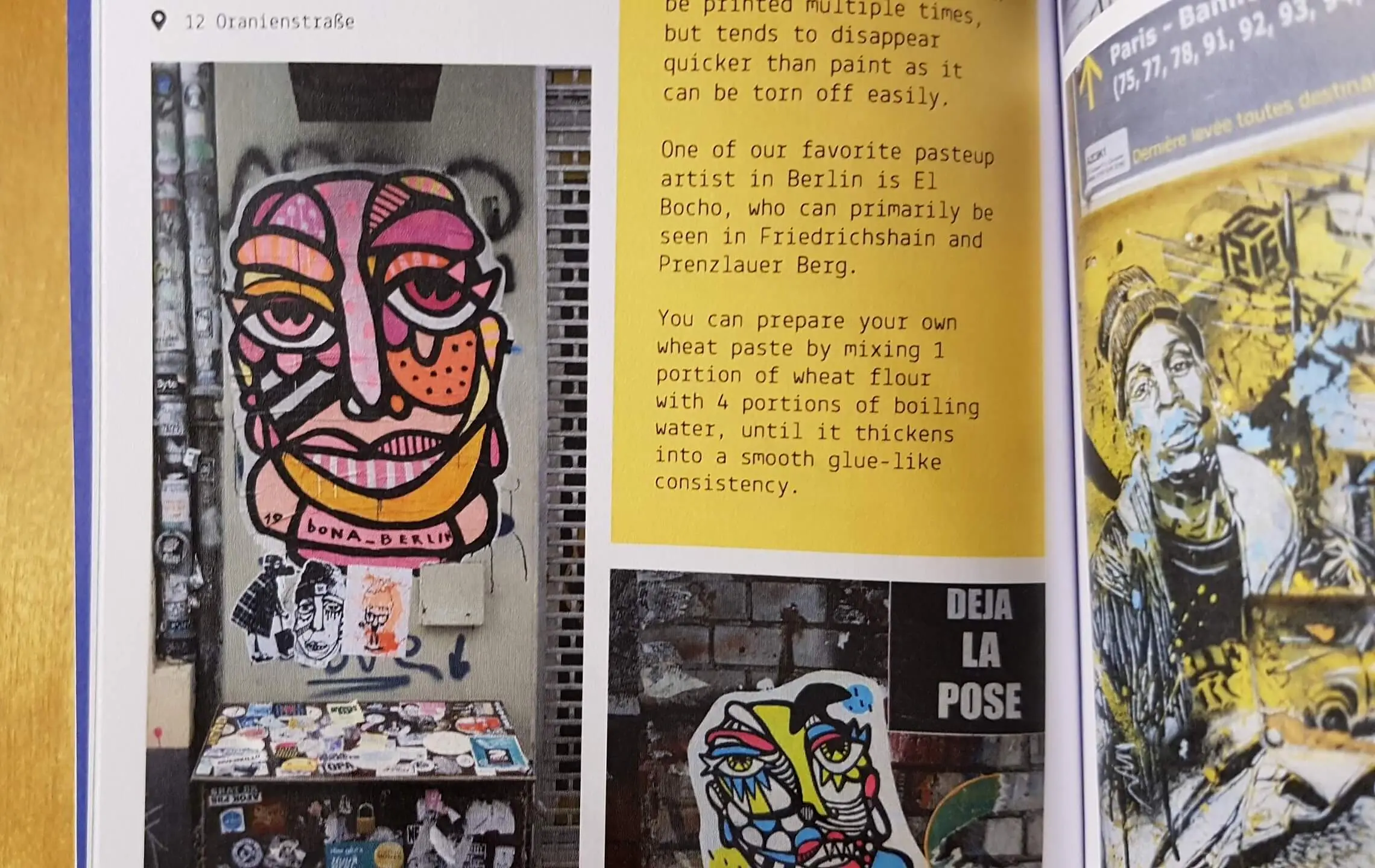 Zoom on a page from the guide, we see a colorful pasteup on a wall