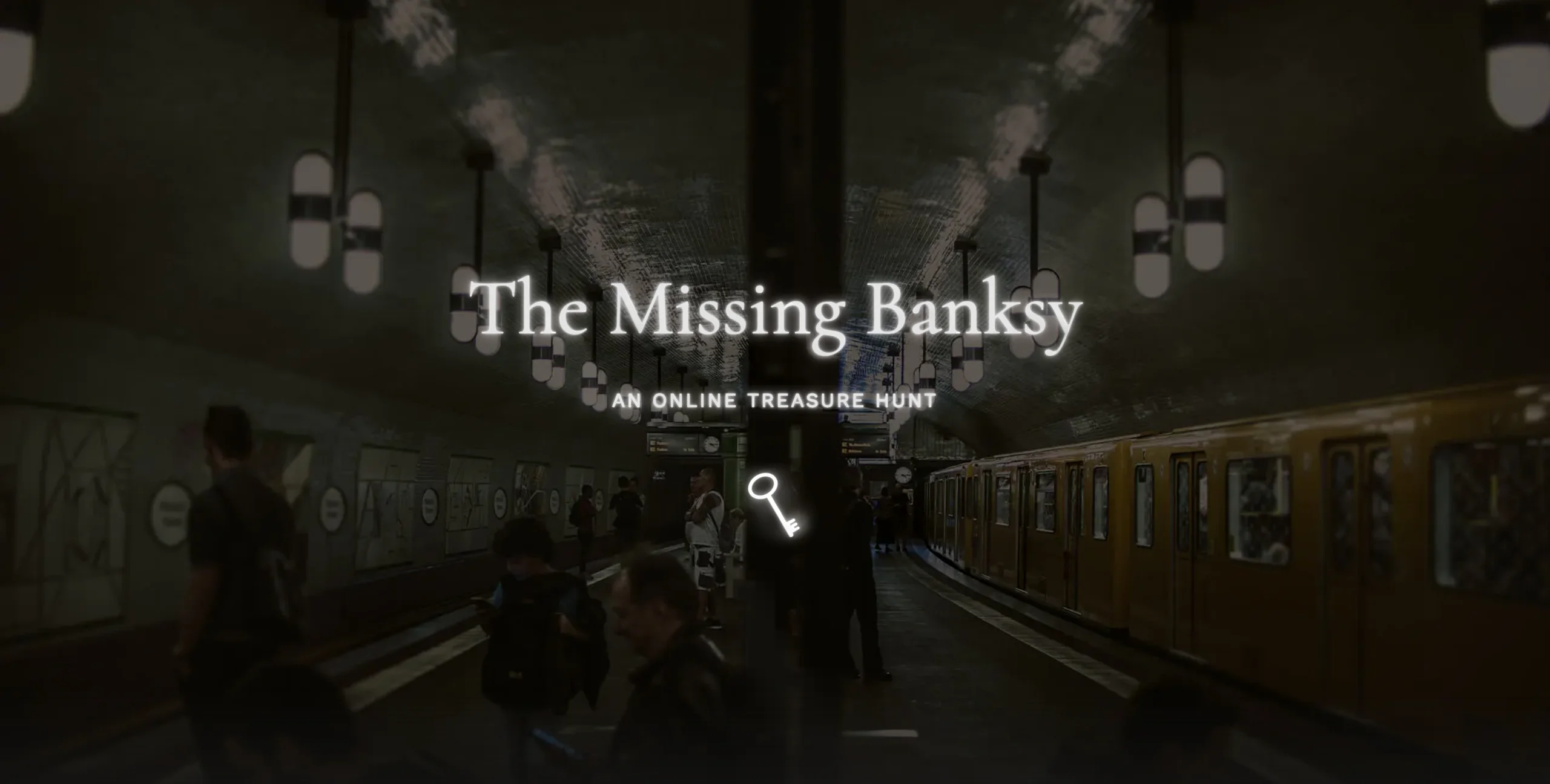 The Missing Banksy homepage: an eerie subway station in Berlin, a glowing key appearing in the middle of the screen